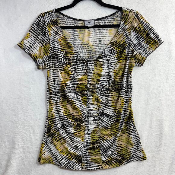 Worthington‎ S Abstract Dot Print Stretch Ruched Top Yellow Chic Y2K Girlhood - Picture 3 of 9